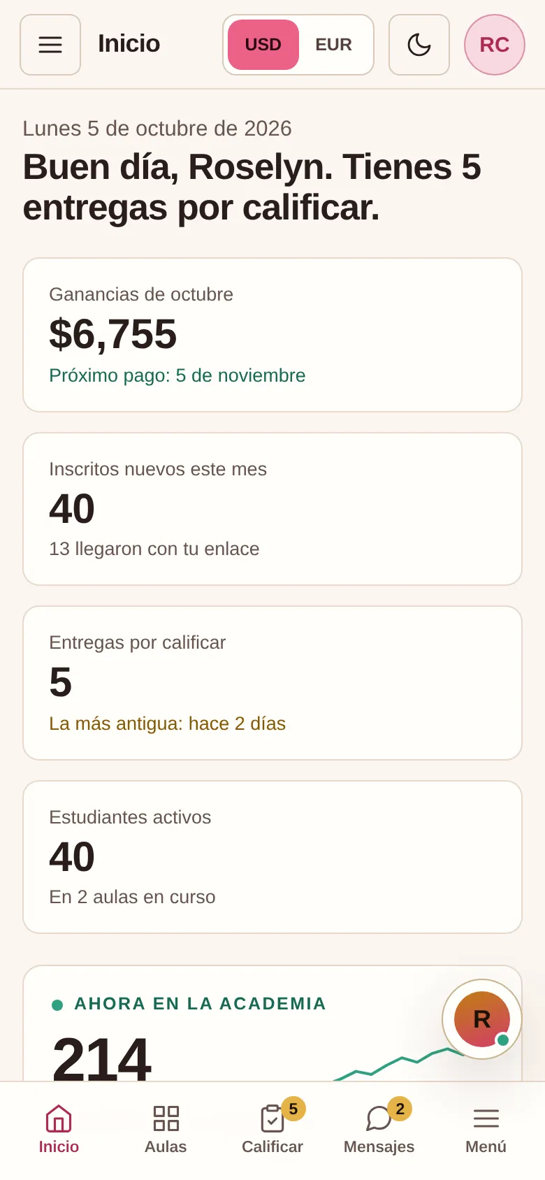 Panel del profesor en iPhone